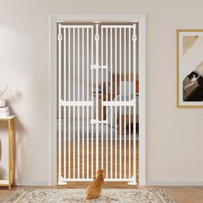 unipaws 74" High Extra Tall Cat Gate, Second Generation Upgrade-Stable Increase, 33.5"-37.7" Wide Cat Safety Gate for Doorway, Cat Door for Stairs, Auto Closing and No Drilling Cat Proof Gate, White