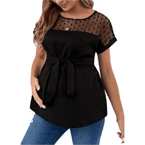 OYOANGLE Women's Maternity Lace Tie Front Short Sleeve Blouses Crew Neck Loose Casual Pregnancy Tunic Tops