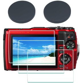 Screen Protector +Lens Cover Cap for Olympus TG-7 TG-6 TG-5 TG-4 TG7 Red Black,0.3mm 9H Hardness TG6 TG5 TG4 Tempered Glass Screen Cover