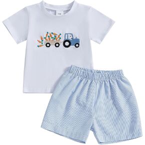 Toddler Baby Girl Boy Easter Outfit Bunny Short Sleeve Rabbit Shirt Plaid Shorts Cute Summer Clothes Set 0-4T