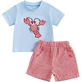 Toddler Baby Boy Summer Outfit Crab Lobster Embroidered Short Sleeve T-Shirts Plaid Shorts Infant Crawfish Clothes