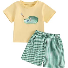 Toddler Baby Boy Summer Outfit Golf Cart Hole Embroidery Short Sleeve T-Shirt Plaid/Striped Shorts 2Pcs Clothes Set