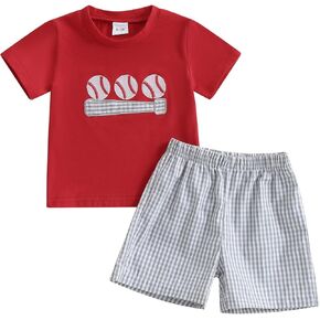 Toddler Baby Boys Baseball Outfits Embroidery Short Sleeve T Shirts and Plaid Shorts Set 2Pcs Summer Clothes Sets