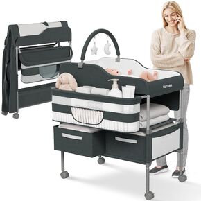 Luxury Baby Changing Table with Wheels - Modern Dresser Changing Tables w/Hanging Toys, Laundry Bag, Changing Table Organizer Boxes - Folding Waterproof Baby Diaper Changing Station for Nursery Room