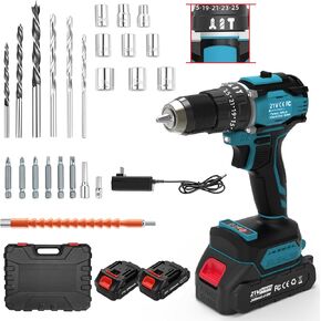 Cordless drills Set,21V Power drill,Double 2000mAh Batteries Electric Drill,Power Drill Cordless,1/2 Inch Keyless Chuck, Max torque 80Nm,3mode,25 Position and 29Pcs Accessories （blue）