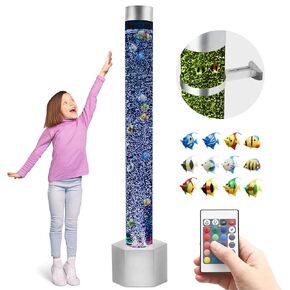 Special Supplies Aquarium Sensory Fish Bubble Light Tube with 16 LED Color Changing Nightlight Effect, Remote Control-Includes 12 Fish, Floor Standing Lamp for Kids and Adults (5 ft) (Hexagon)