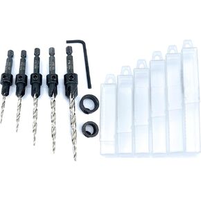 Wood Countersink Drill Bit Set 5 Sizes Set Countersink #4, 6, 8, 10, 12 Tapered Drill Bits with Hex Shank Countersink bit, 2 Stop Collar, 1 Allen Wrench, 6 Storage Containers