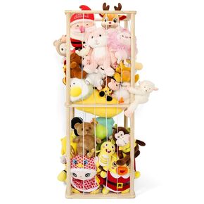 Stuffed Animal Storage Large Wooden Zoo Stuffed Animal Organizer Square Corner Plush Toy Holder Storage Case Basket Box Tower Space Saver for Kids Toddlers Playroom Bedroom Nursery