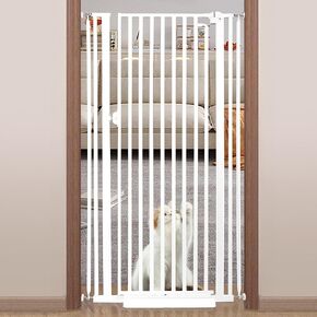 71“ Extra Tall Cat Gate for Doorway, 33.4-37.4" Extra Wide Cat Door, Auto Close/One Handed Open, 1.34" Extra Small Gap, No Drill Pressure Mount Cat Gate for Interior Stairs/Kitchens/Hallways (White)