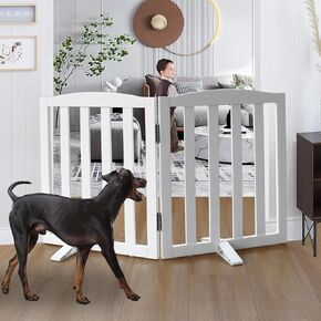 Freestanding Dog Gate Indoor,Doggie Gate Foldable Dog Gates for Doorways,Stairs or Hallways, Wooden White Pet Gate for The House, Dog Fence with Support Feet Included,24 "Height-4 Panels
