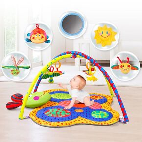 Baby Gym Play Mat, 6-in-1 Tummy Time Mat with 6 Toys, Washable Butterfly Baby Activity Play Mat for Visual, Hearing, Sensory, Motor Development, Baby Toys Gift for Toddler Infant 0-3-6-9-12 Months