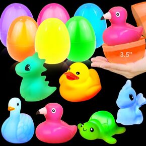 6 Pack 3.5" Large Easter Eggs Filled with Light Up Animal Floating Bath Toys, Plastic Easter Eggs with Dinosaur, Duck Toys Inside for Kids Toddlers Easter Basket Stuffers Fillers Gift Party Favors