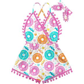 Baby Girls Outfits 6M-3T Pompom Sleeveless Bodysuit For Toddler Girl Summer Clothes With Headband Backless