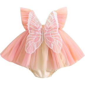 Newborn Baby Girls Summer Clothes Fly Sleeve Ruffle Romper Square Neck Smocked One-Piece Tulle Bodysuit Jumpsuit
