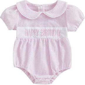 Baby Girls Birthday Bubble Romper Cap Sleeve Cake Embroidery Smocked Ruffle Bodysuit Outfits