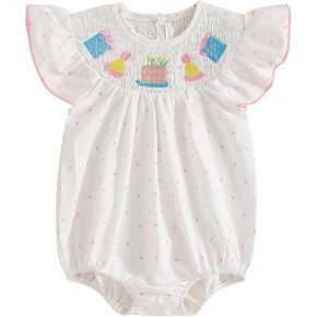 Baby Girls Birthday Bubble Romper Cap Sleeve Cake Embroidery Smocked Ruffle Bodysuit Outfits in Kuwait