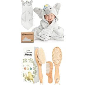 KeaBabies Baby Towel with Hood for Girls, Boys and Baby Hair Brush and Baby Comb Set - Soft, Absorbent, 100% Cotton Hooded Baby Towels for Newborns - Wooden Baby Brush with Soft Bristle