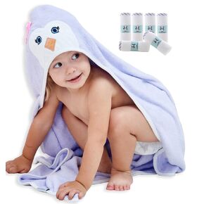 HIPHOP PANDA Baby Washcloths, 6 Pack and Baby Hooded Towel, Purple Penguin, 30 x 30 Inch