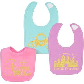 Aiden's Corner Cute Adorable Baby Girl Gold Princess Castle Carriage 3 Pack Bibs