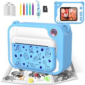USHINING Kids Camera Instant Print 12MP Instant Camera for Kids Ink Free Printing Dinosaur Camera for Kids Aged 3-10 Portable Camera for Kids 3 4 5 6 7 8 9 10 Year Old Boys Girls Gifts Blue