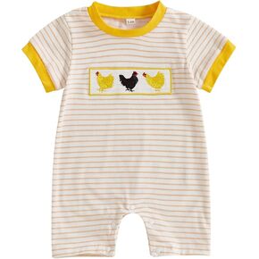 Baby Boy Girl Farm Outfit Short Sleeve Chicken Embroidery Crewneck Romper Striped One Piece Bodysuit Easter Clothes