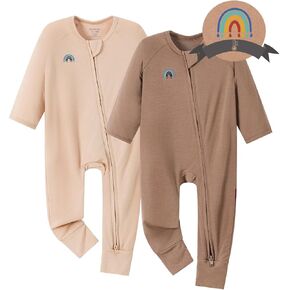 Momcozy Unisex Baby Pajamas, Baby-Temp Monitoring Double Zipper Boy Girl Sleepers Rompers Footie, 2 Pack Light Weight Stretchy Viscose Derived from Bamboo Baby Jammies, 6-12 M, Pinkish Grey Brown