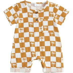 Adobabirl Baby Boy Girl Summer Clothes Short Sleeve Palm Romper Checkered Jumpsuit Shorts Infant Cute Summer Outfit