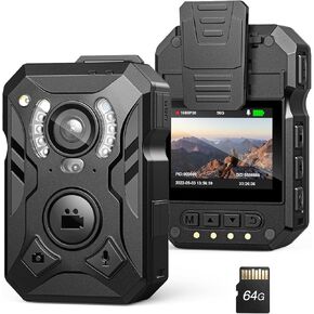 WD4 1296P Body Worn Camera, 64G 128G Body Worn Cam Built-in 3600mAh Battery, One Click Body Wearable Cam with 13 Hours Recording, Clear Night Vision for Outdoor/Sport/Car (128G)