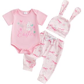 Newborn Baby Girl Easter Outfit My 1st Easter Bunny Short Sleeve Romper Tops Long Pants Hat Set Summer Clothes