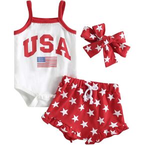 Newborn Baby Girl My First 4th Of July Outfit Set USA Flag Romper Sleeveless Headband Summer Clothes