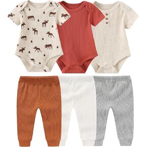 Baby Bodysuit and Pant Set 6-pcs Ribbed Soft Infant Boy Girl Clothes Outfits