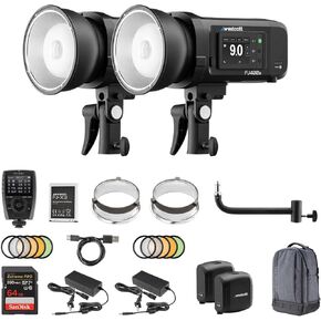 Westcott FJ400 II Strobe 2-Light Backpack Kit with FJ-X3 Flash Trigger | 550+ Full Power Flashes Touchscreen Strobe, 8" Shorty Offset Extension Arm and 64GB Extreme PRO SDXC Memory Card Bundle Set