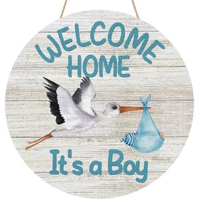 Welcome Home Baby Boy Door Sign Wood Door Hanger for Outdoor Outside Porch Farmhouse Newborn Gender Reveal Stork Wooden Indoor Wall Hanging Decoration