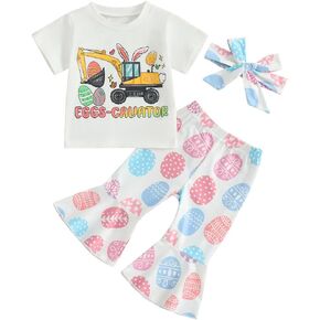Toddler Baby Girls Easter Outfit Eggs-Cavator Construction T-shirt and Easter Eggs Flared Pants Headband Set
