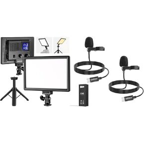 NEEWER 9 LED Video Light Panel, Dimmable DSLR Camera Soft Light with Mini Tripod, 4000mAh Battery, USB Type C Ports, Mini USB C Lavalier Microphone 2 Pack Included