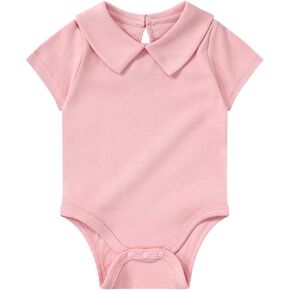 Teach Leanbh Baby Girls Peter Pan Collar Bodysuit Cotton Soild Short Long Sleeve Romper 0-24 Months