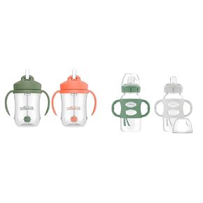 Dr. Brown's Milestones Baby’s First Straw Cup, Training Cup with Weighted Straw, Coral & Olive Green, 2 Pack, 6m+ & Milestones Wide-Neck Sippy Bottle with 100% Silicone Handles, Easy-Grip Bottle