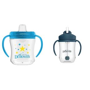 Dr. Brown's Transition Sippy Cup with Soft Spout - Blue - 6oz - 6m Milestones Baby’s First Straw Cup, Training Cup with Weighted Straw, Dark Blue, 6m+