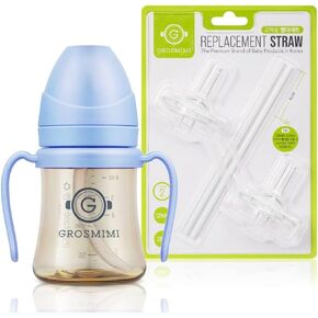 GROSMIMI PPSU Spill Proof Magic Sippy Cup 6 oz (Skyblue) + Replacements (Straw kit 2-counts, Stage 2)