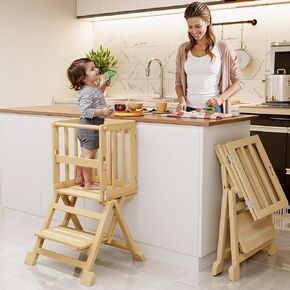 Toddler Tower Foldable Helper for Kitchen: Toddler Step Stool Learning Standing Tower for Counter - Kitchen Stool Helper for Kids, 1-3 Years Old Boy Girl Gifts, Wood