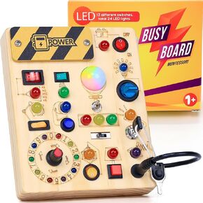 Richboy Busy Board لعمر واحد إلى 3 سنوات ، ألعاب LED LED Light Sensory للأطفال المصابين بالتوحد ، والمهارات الحركية الخشبية Montessori ، وهدية عيد ميلاد الأطفال الصغار (نشاط قوي ، مصنوع جيدًا)