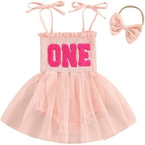 Baby Girls 1st Birthday Outfit Embroidered Letter Ruffle Bodysuit Romper Tutu Dress with Headband Backless Sleeveless Smocked Bodice Princess Cake Smash Clothes for Photo Shoot Pink One 6-12 Months