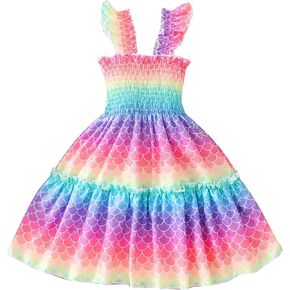 Tkria Little Girls Summer Dress Toddler Ruffle Sleeve Sundress A-Line Casual Swing Dresses Playwear Outfit Size 2-8T