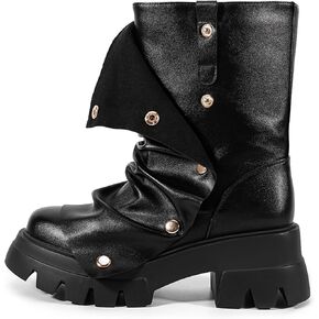 Atuelang Women's Slouchy Fold Over Boots Platform Wide Calf Shark Boots Pull On Fashion Short Booties