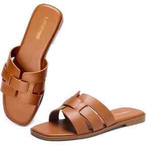 Flat Sandals for Women 2025 Dressy Summer Leather Slides with Square Open Toe