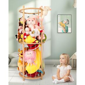 Stuffed Animal Zoo, Large Capacity Wood Stuffed Animal Storage for Corner Organizer, Plushie Toy Storage Cage with Elastic Band for Kid Toddler Playroom Bedroom Nursery Room Roundness Decor