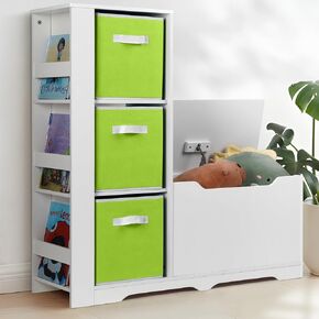 Cowiewie Kids Bookshelf with Reading Nook, Kids Toy Storage Organizers with Safety Hinged Seat, Montessori Wooden Storage Organizer Bench for Bedroom, Playroom and Bedroom - Green