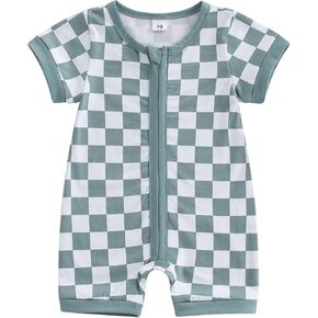 Karuedoo Newborn Baby Boy Girl Clothes Checkered Zipper Short Sleeve Romper Jumpsuit One-Piece Bodysuit Infant Summer Outfit