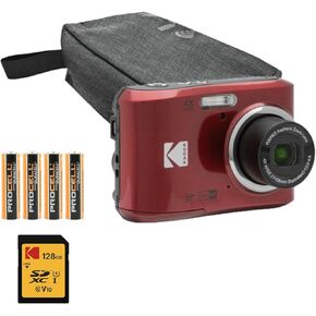 Kodak PIXPRO FZ45 Friendly Zoom Digital Camera (Red) Bundle with Folding Storage Travel Case, 128GB SD Class 10 UHS-I U1 V10 Full HD Memory Card, and Procell AA (4-Pack) (4 Items)