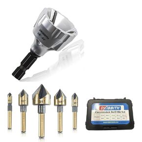 Precision 5-Piece Countersink Drill Bit Set 1/4 to 3/4" and Tungsten Carbide Deburring Chamfer Tool 1/8" to 3/4" Diameter External Burr Removal for Metalworking, and Plumbing, with Carrying Case